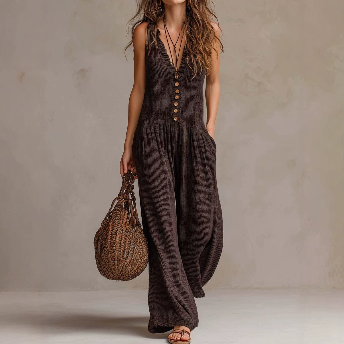 Women's Boho V-Neck Wide-Leg Jumpsuit