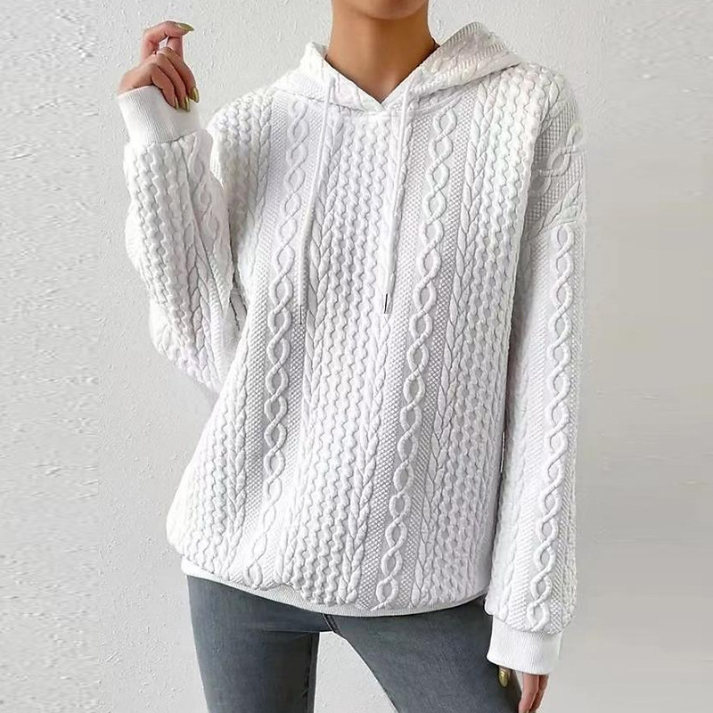 Plus Size Jacquard Hooded Lace-Up Long Sleeve Knit Sweatshirt