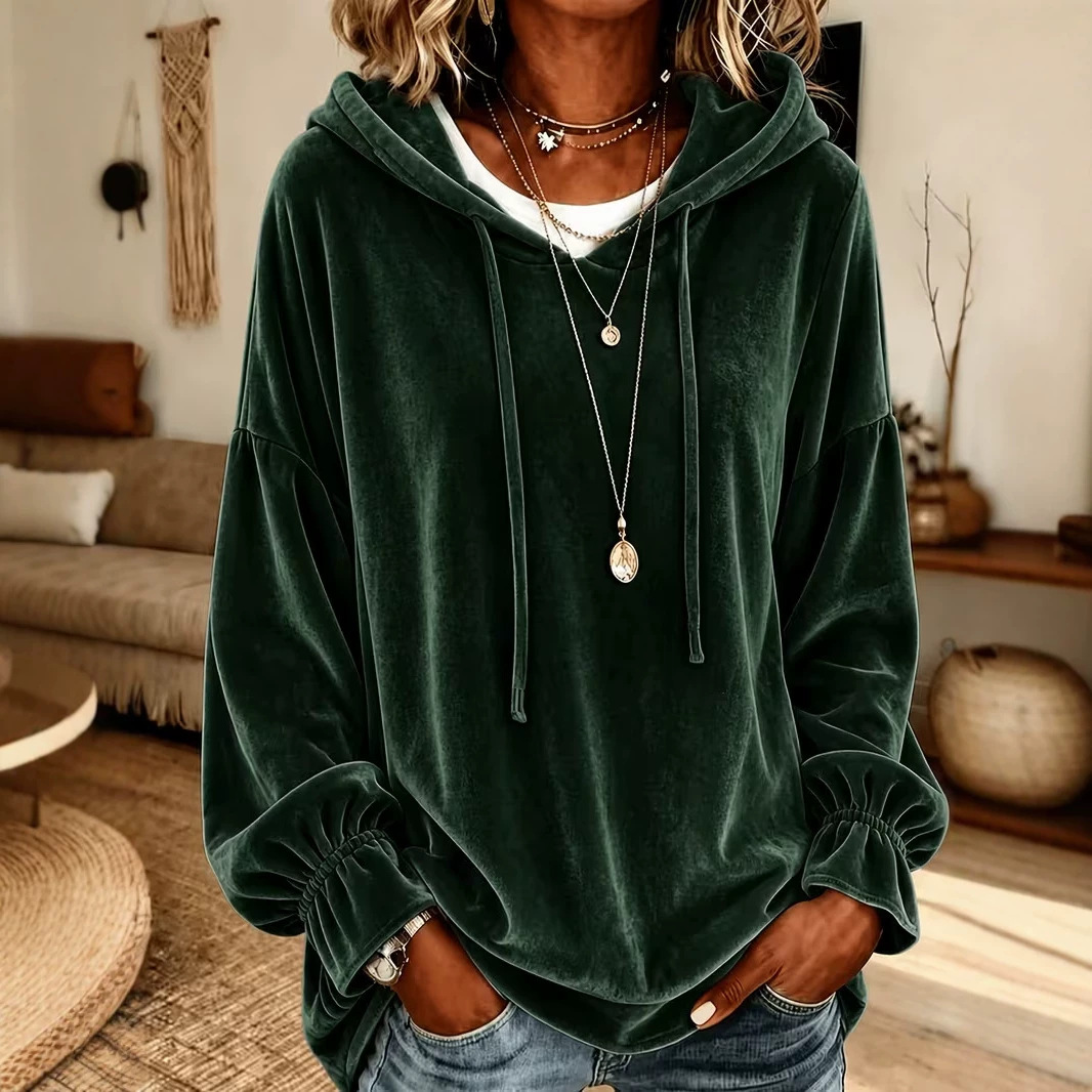Women's Loose Hooded Velvet Sweatshirt with Drawstring