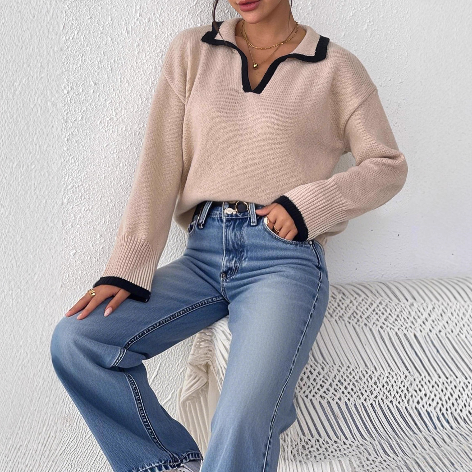 Women's Color-Block Polo Collar Pullover Sweater
