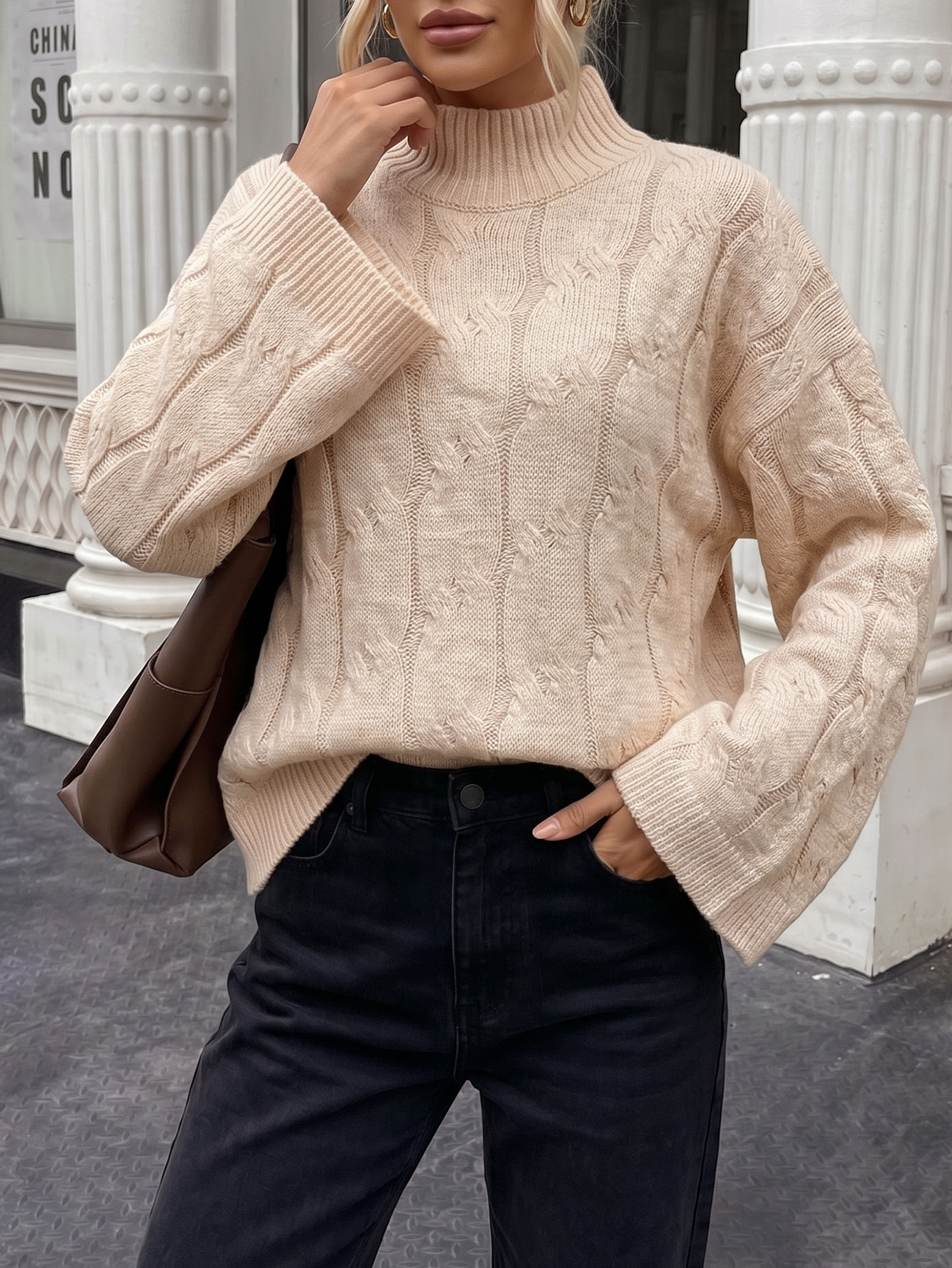 Women's Loose Fit Half Turtleneck Sweater with Flared Sleeves