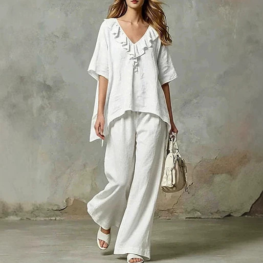 Women's V-Neck Loose Cotton Blend T-Shirt and Pants Set Casual Two-Piece Outfit
