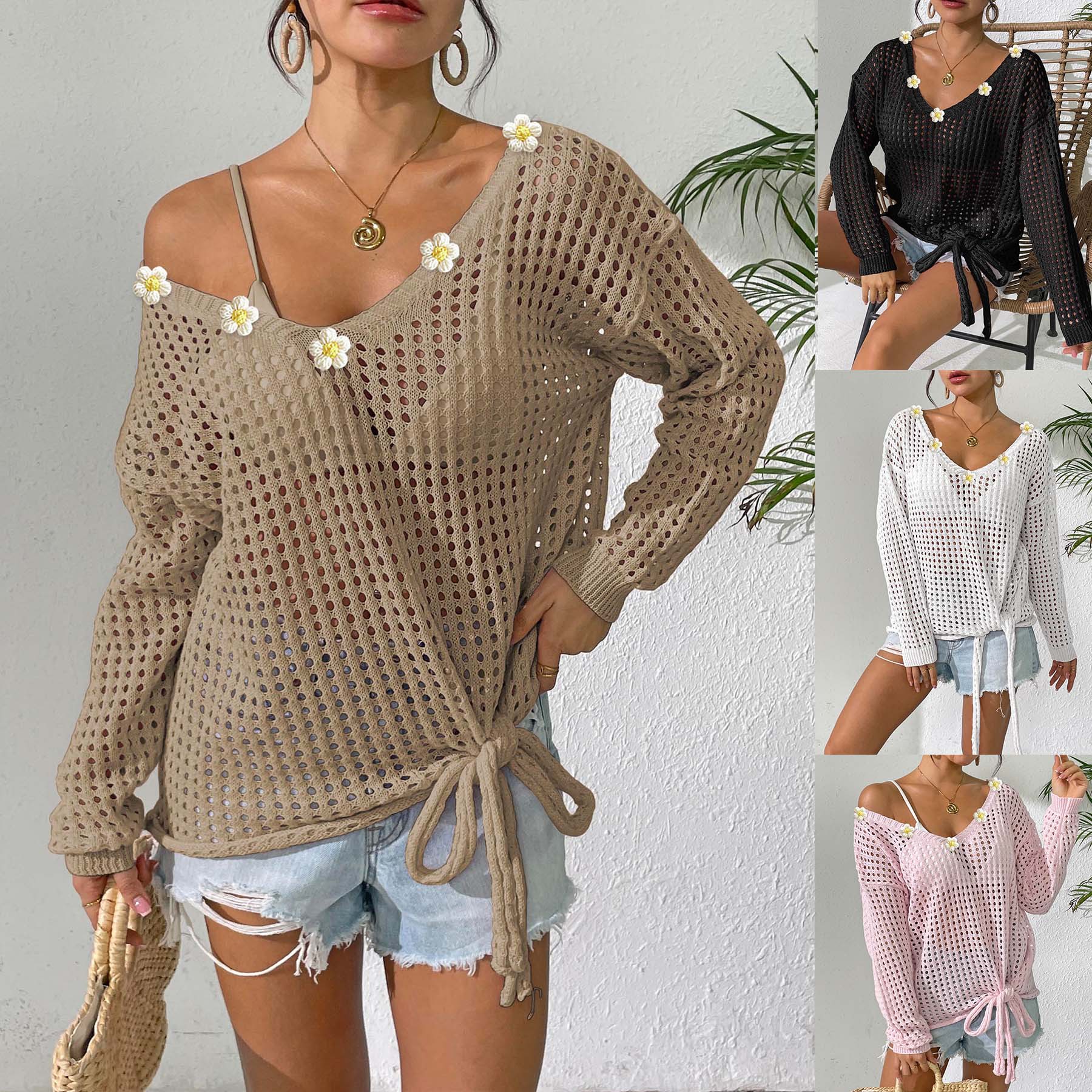 Women's V-Neck Pullover Crochet Lace-Up Bow Hollow Out Sweater