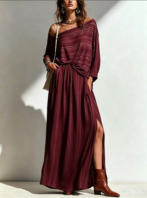 Striped Off-Shoulder Batwing Sleeve Top and High-Waist Long Skirt Set