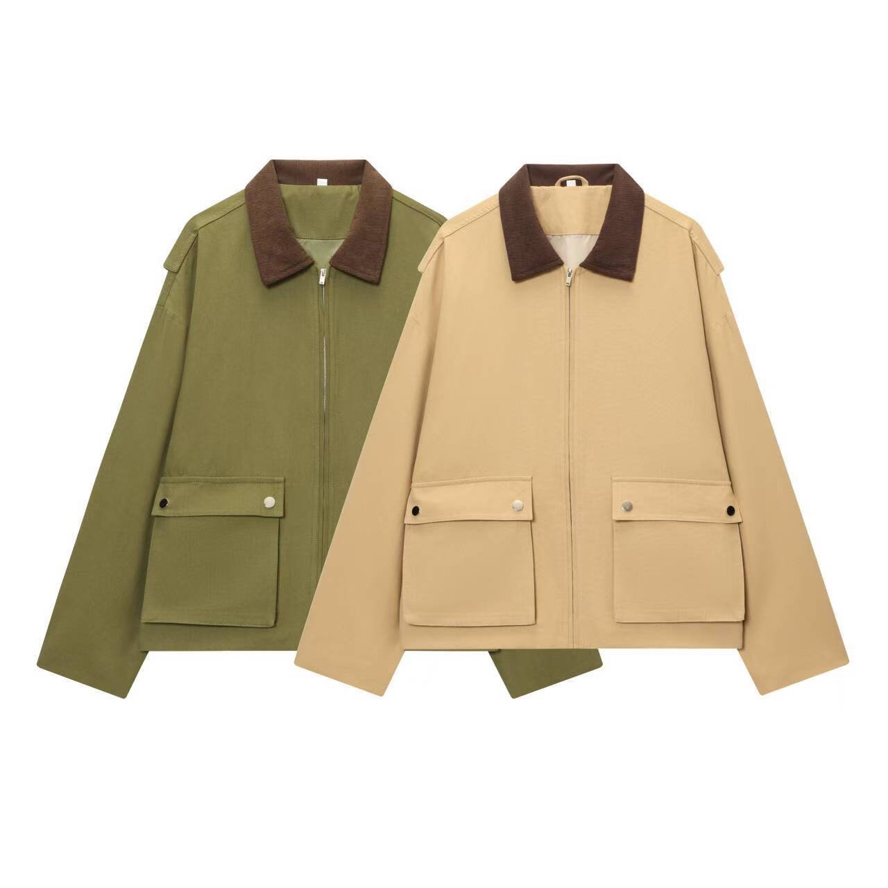 Women's Color-Block Khaki Jacket with Square Neck and Pockets