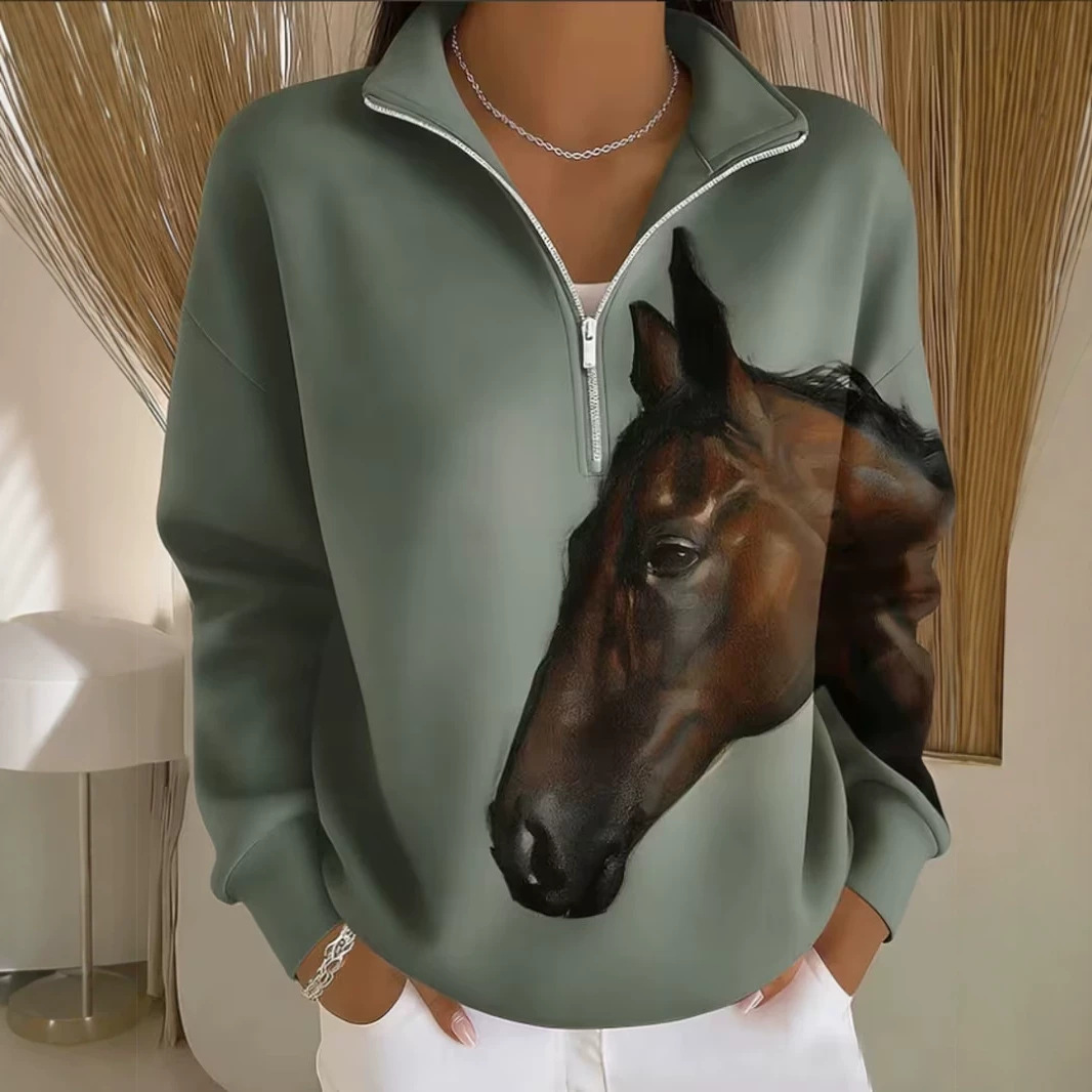Horse Print Half-Zip Hoodie for Women