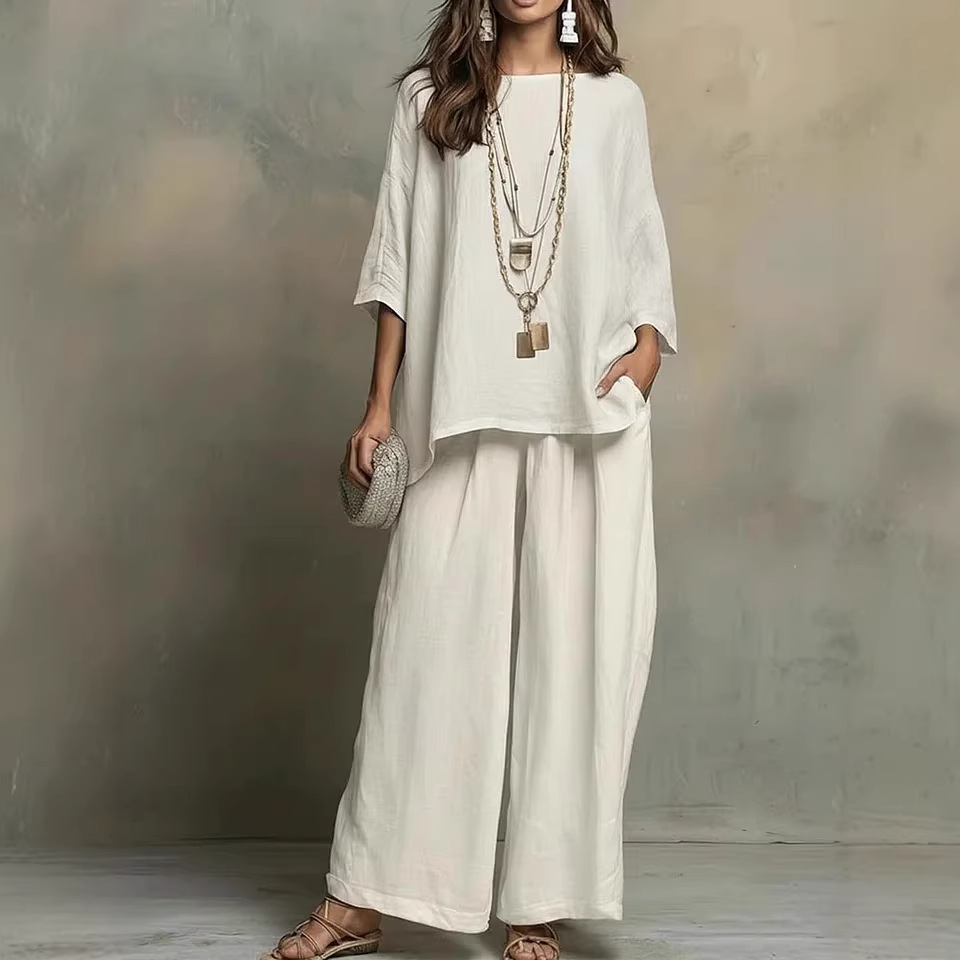 Women's Cotton-Linen Blend Shirt & Wide-Leg Pants Set