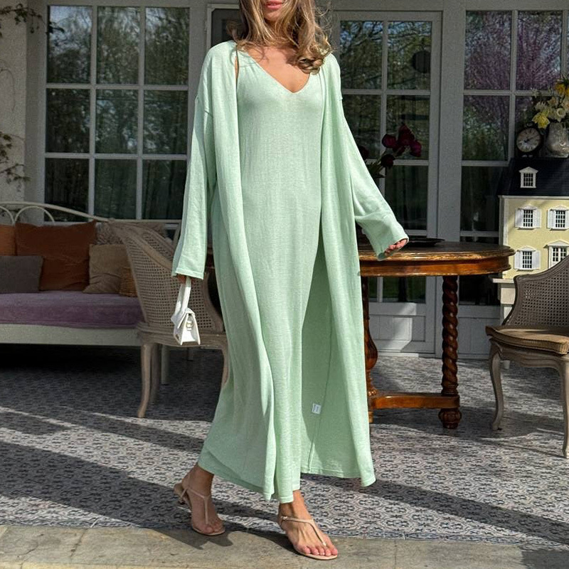 Women's Solid Color Sleeveless Midi Dress and Long Sleeve Cardigan Knit Set