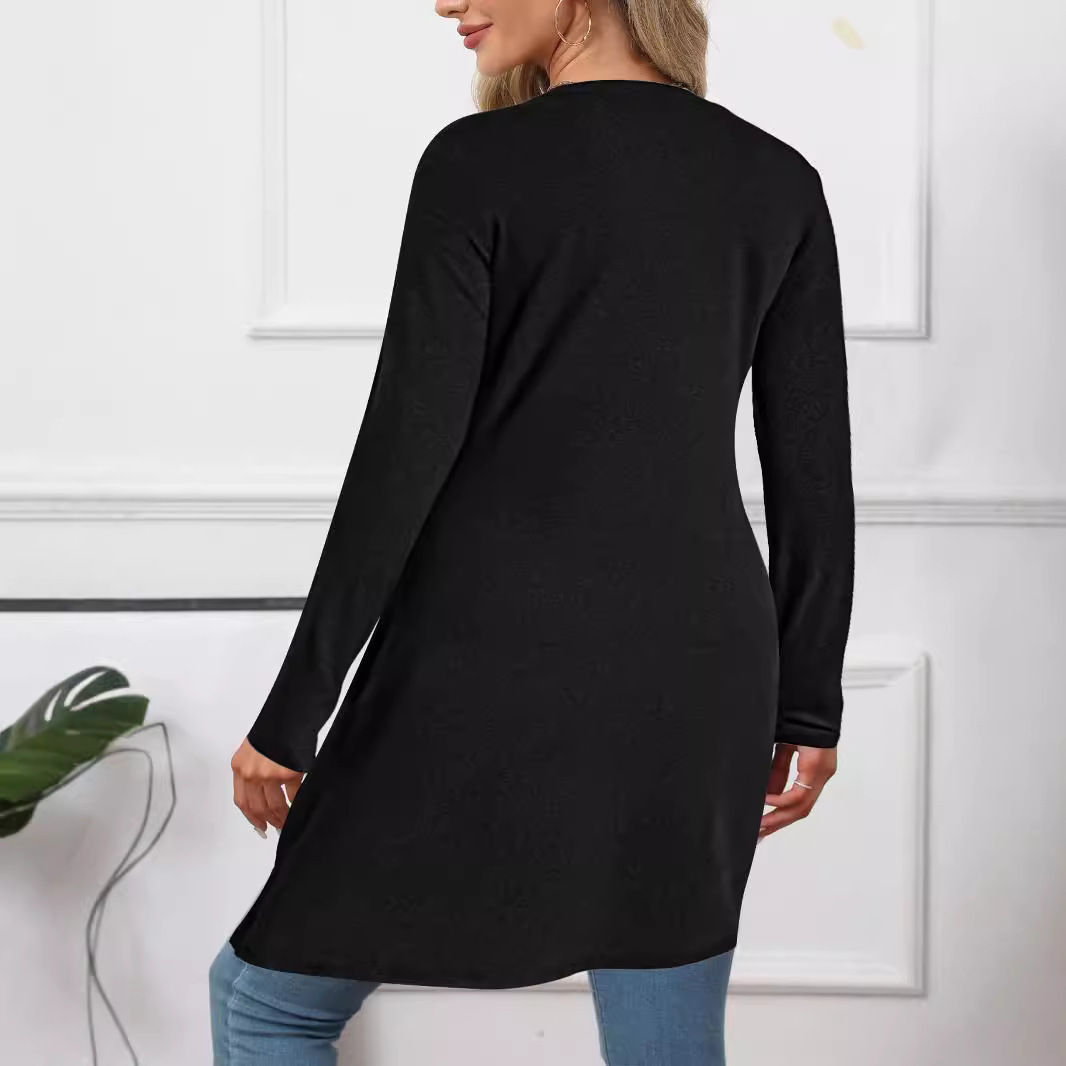 Solid Crewneck Long Sleeve Slit Midi Dress