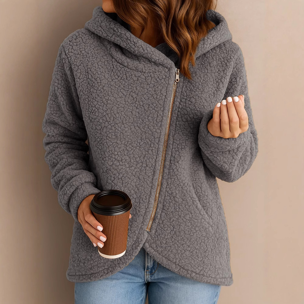 Women's Casual Loose Faux Shearling Zip Hoodie Jacket