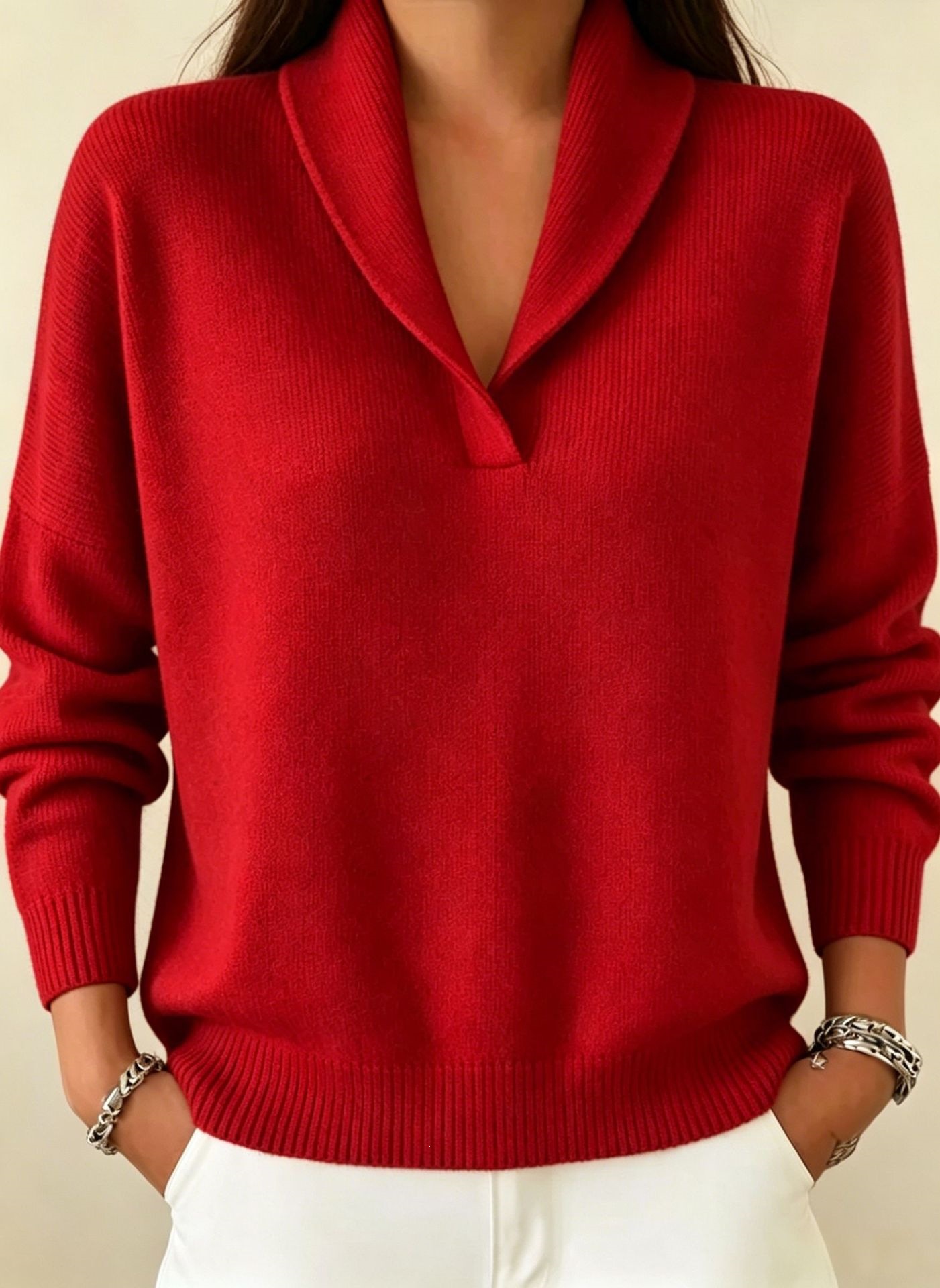 Women's Shawl Collar Knit Sweater Loose Drop Shoulder Solid Color Pullover