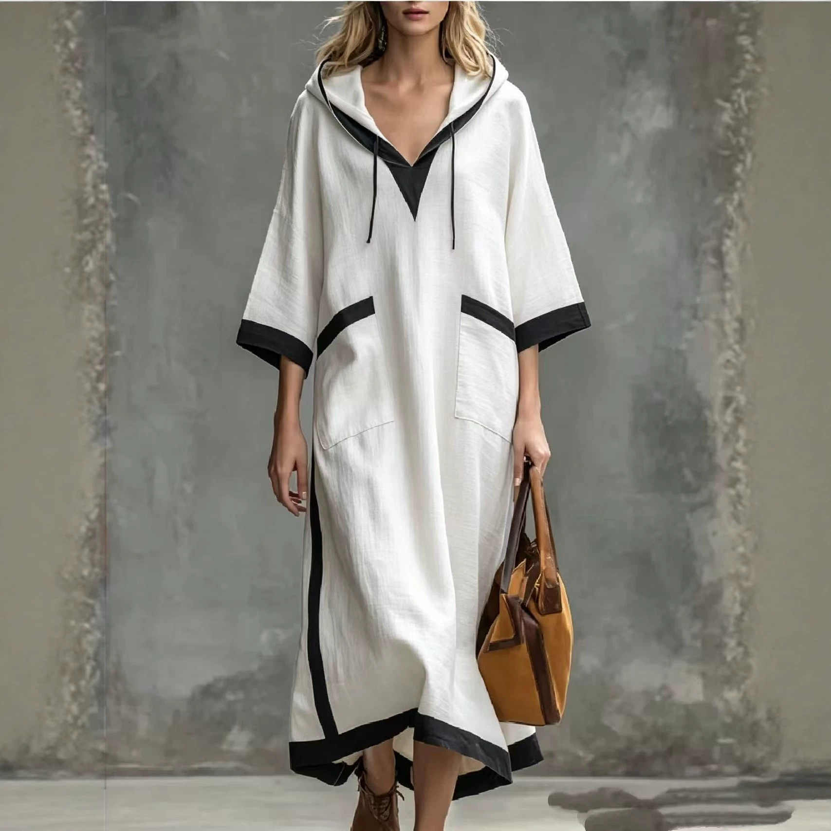 Hooded Long Dress Loose 3/4 Sleeve Color-Block Black Trim Relaxed Fit