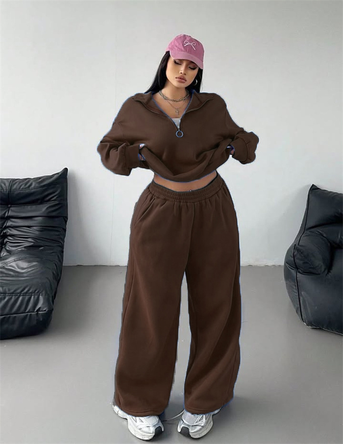 Women's Half-Button Pullover Hoodie and Pants Two-Piece Set