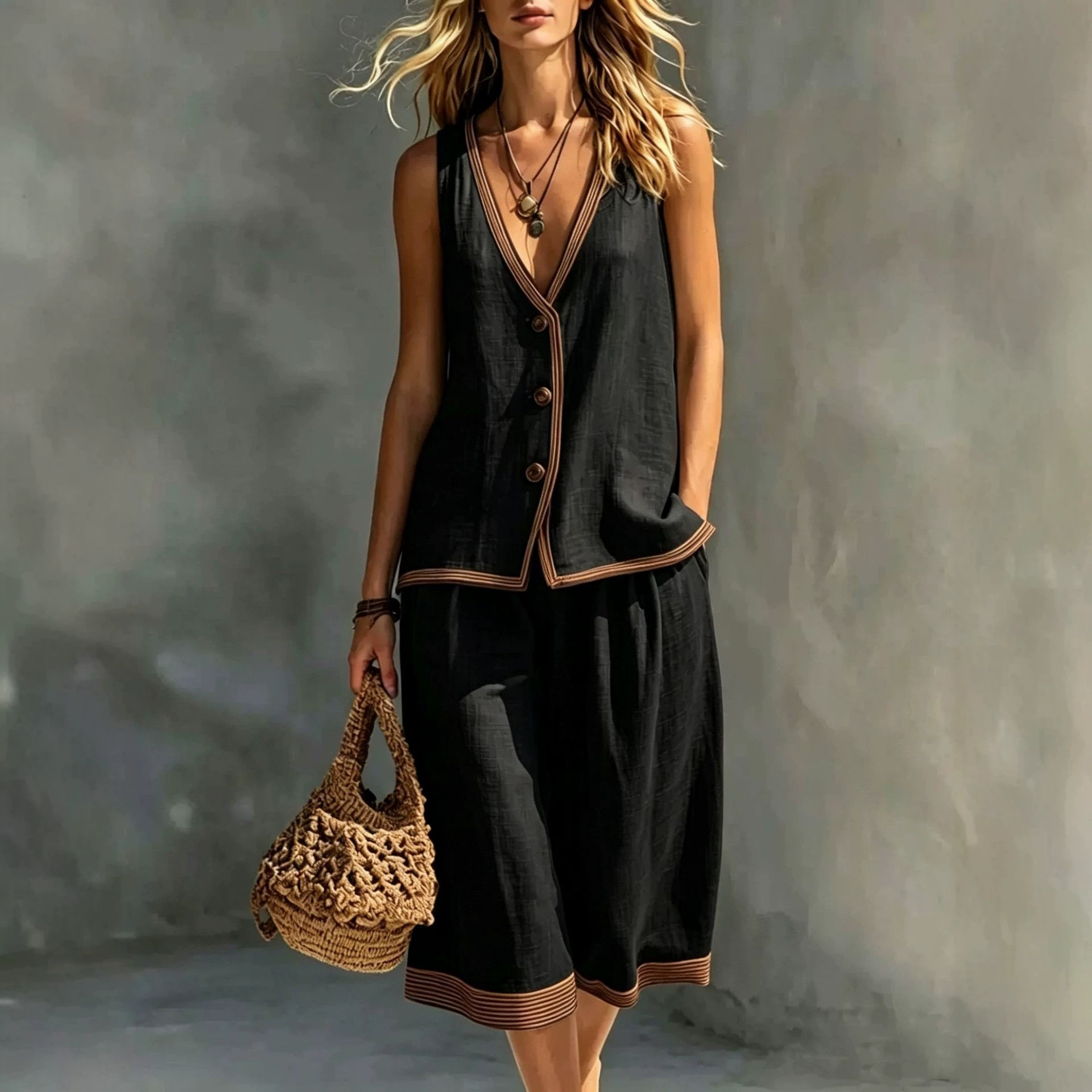 Women's Summer Button Tank Top & Shorts Set Casual Commuter