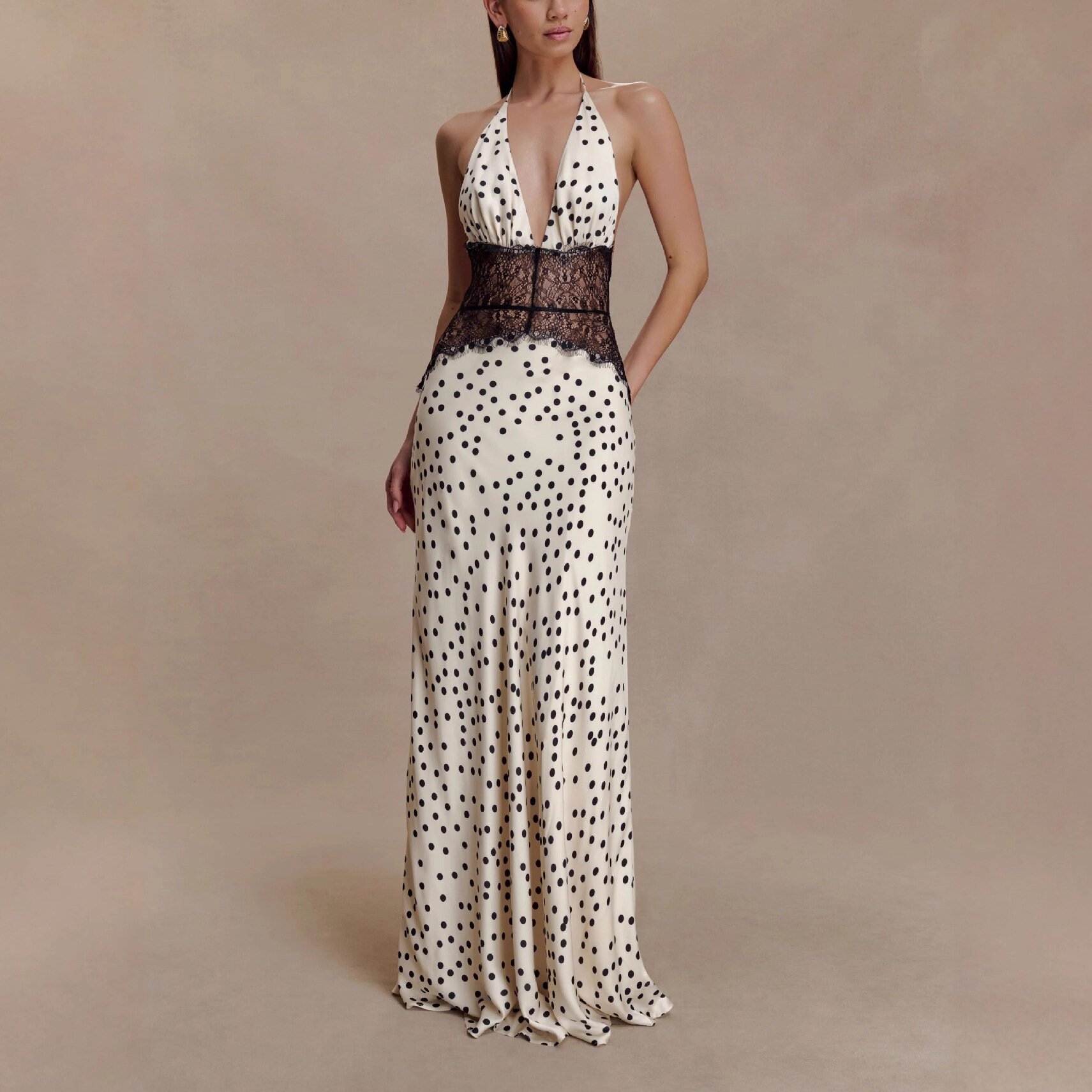 Elegant Deep V Satin Halter Maxi Dress with Waist-Cinching