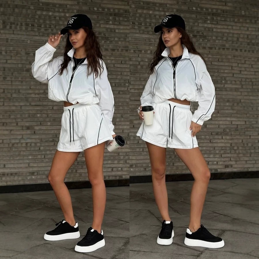 Retro Striped Long-Sleeve Zip Cardigan and Tie Shorts Two-Piece Set