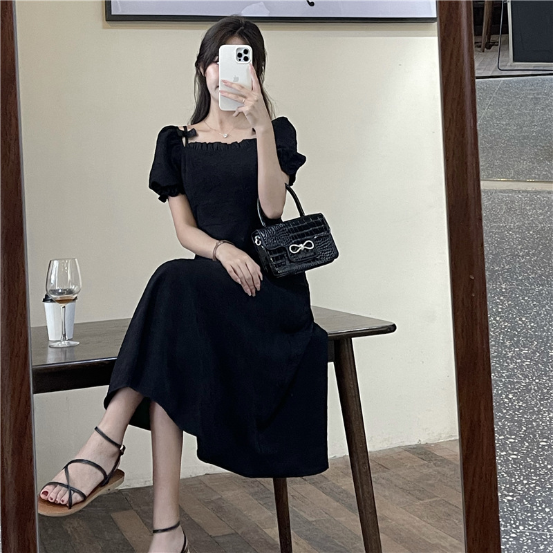 Square Neck Puff Sleeve Midi Dress Women's Black A-Line
