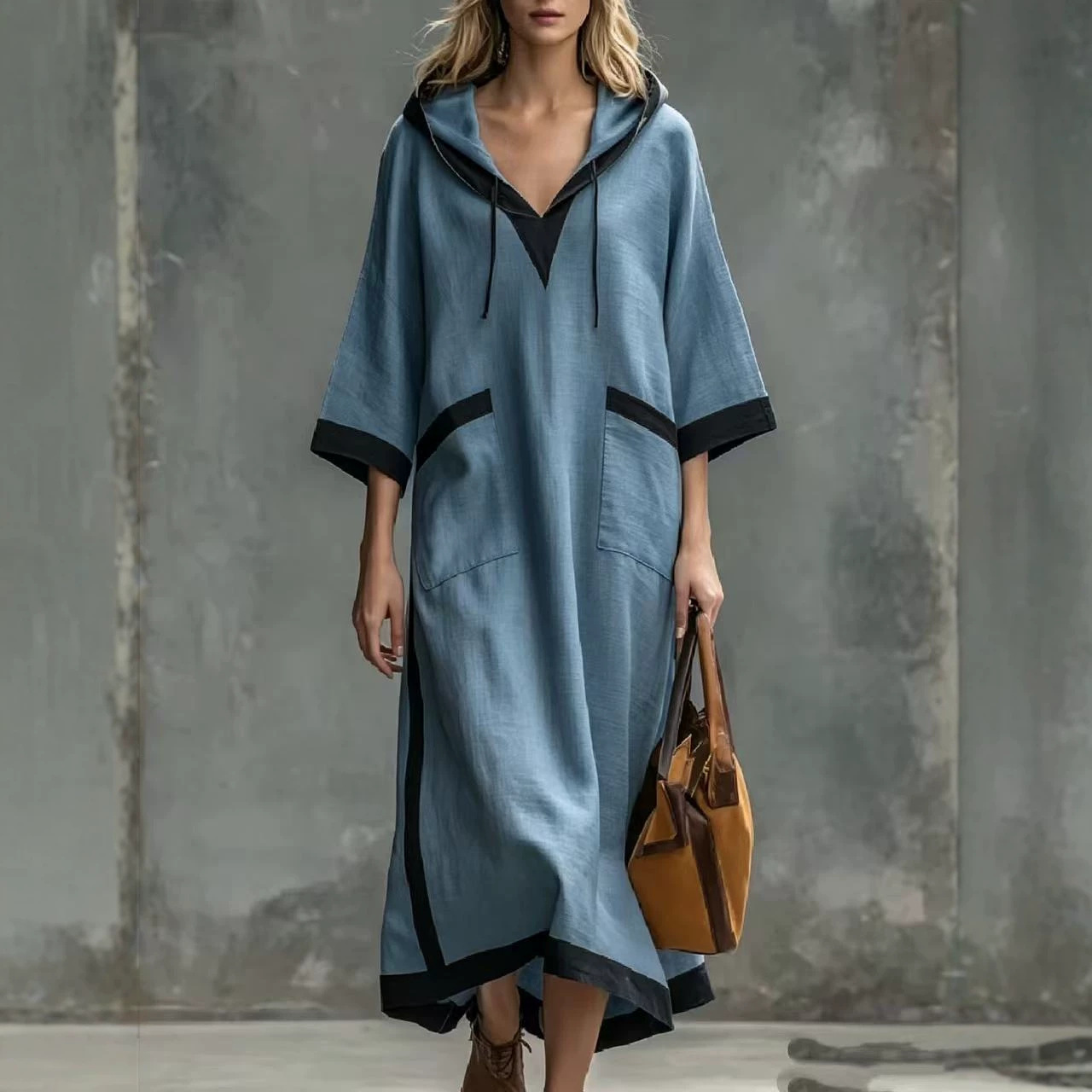 Hooded Long Dress Loose 3/4 Sleeve Color-Block Black Trim Relaxed Fit