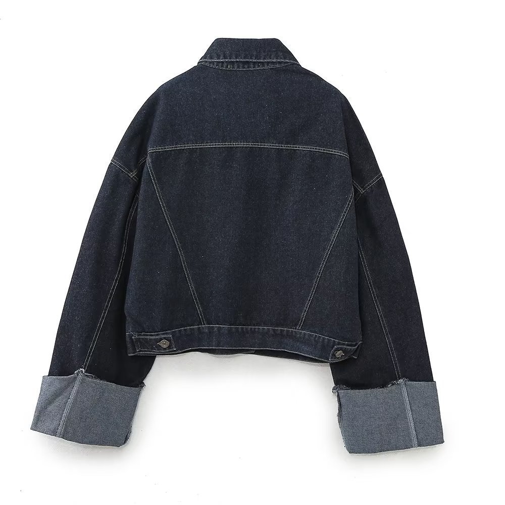 Women's Lapel Denim Jacket with Rolled Flared Sleeves