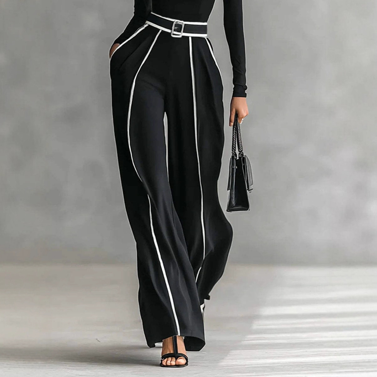 Women's Color-Block Stand-Collar Long-Sleeve Top and Wide-Leg Pants Set
