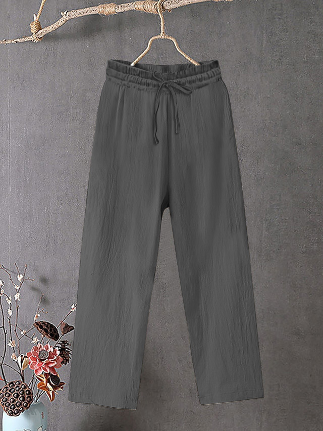 Women's Cotton Linen Wide Leg Pants Elastic Waist Solid Color Loose Fit