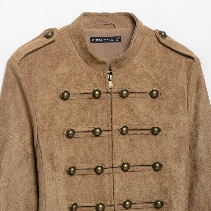Women's Short Round-Neck Button-Trim Long-Sleeve Jacket