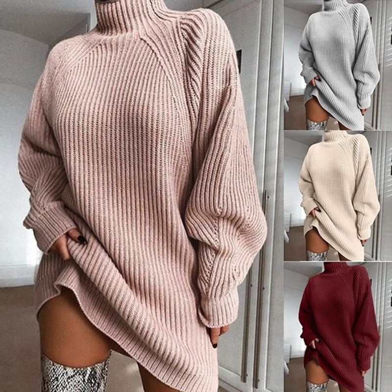 Women's Solid Knit Sweater Dress with Raglan Sleeves and Half Turtleneck, Mid-Length