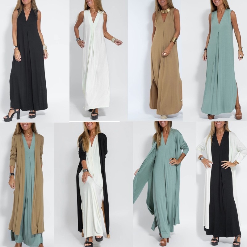 Solid V-Neck Sleeveless Dress and Cardigan Set
