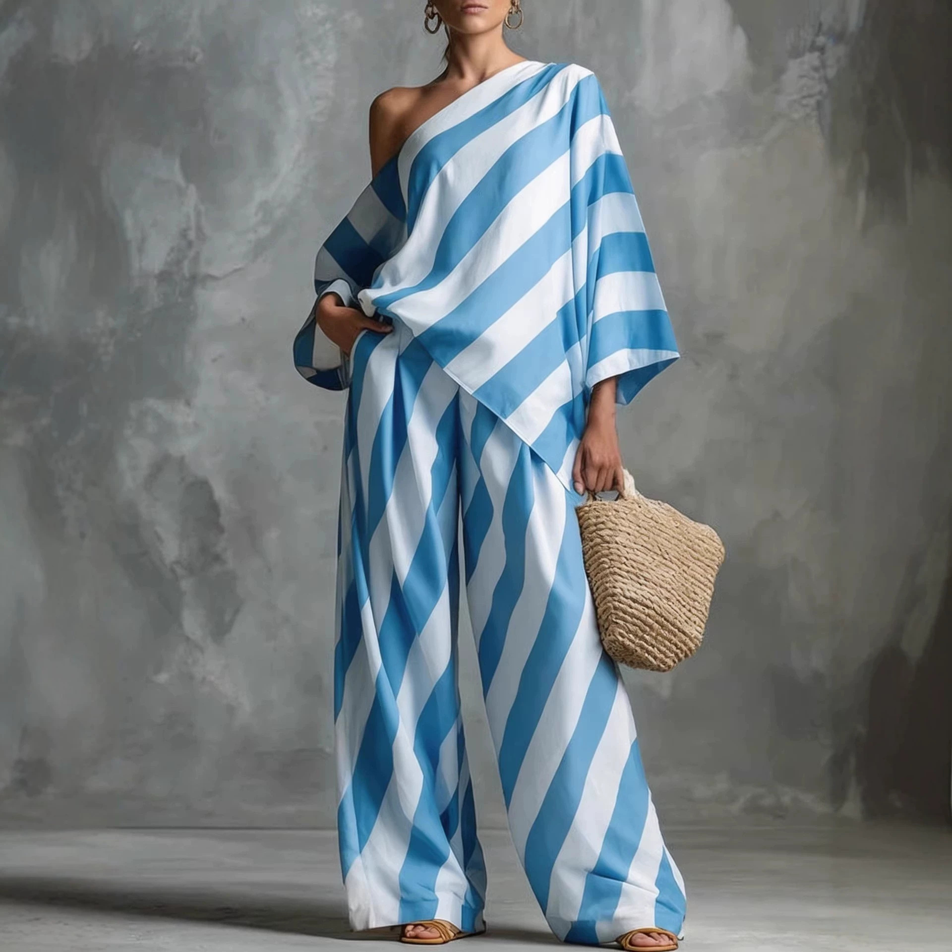 Relaxed Retro Striped Print Top and Wide-Leg Pants Set