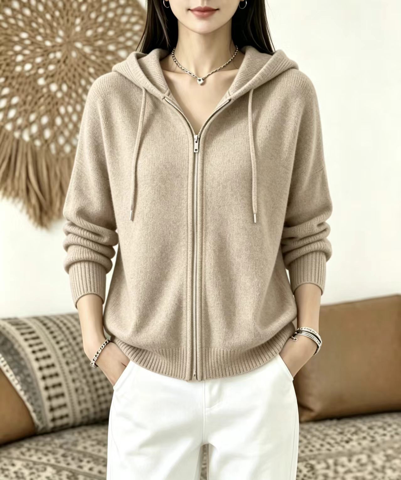 Women's Zip-Up Hooded Knit Cardigan Sweater