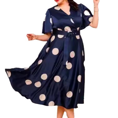 V-Neck Polka Dot A-Line Midi Dress with Short Sleeves