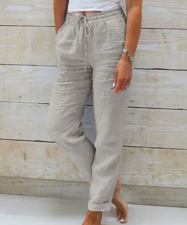Women's Cotton-Linen Wide-Leg Pants Elastic Waist Solid Color Loose Fit