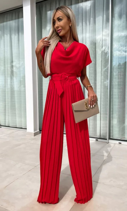 Women's Loose Wide-Leg Pleated Jumpsuit with Belt Solid Color