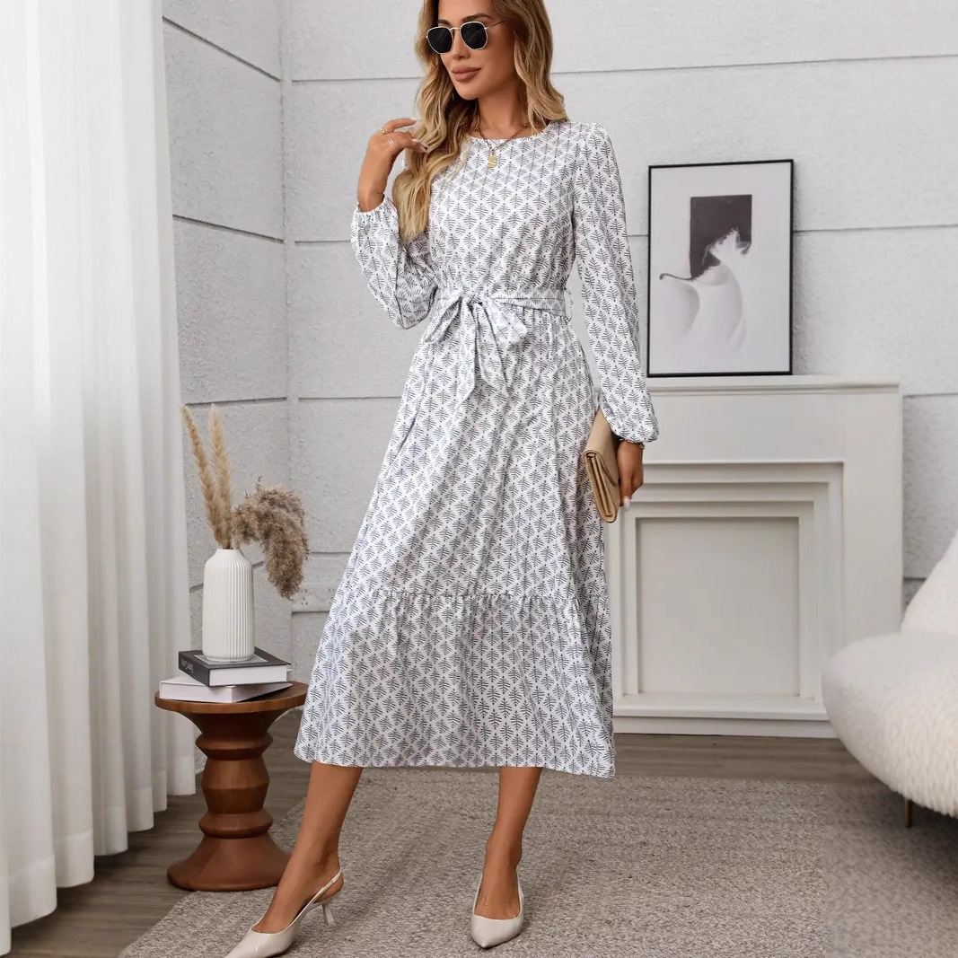 Elegant Floral Print Lantern Sleeve Ruffle Hem Tie-Waist Long Dress