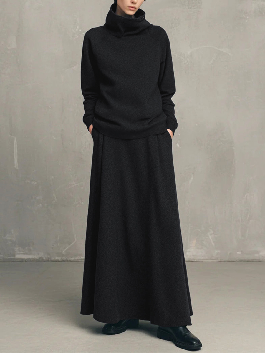 Women's Two-Piece Fleece-Lined Turtleneck Sweatshirt and Midi Skirt Set