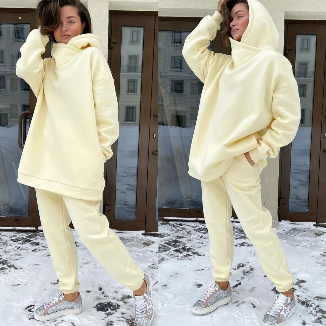 Women's Casual Two-Piece Sweatsuit Set with Drawstring, Polyester, Long Sleeve
