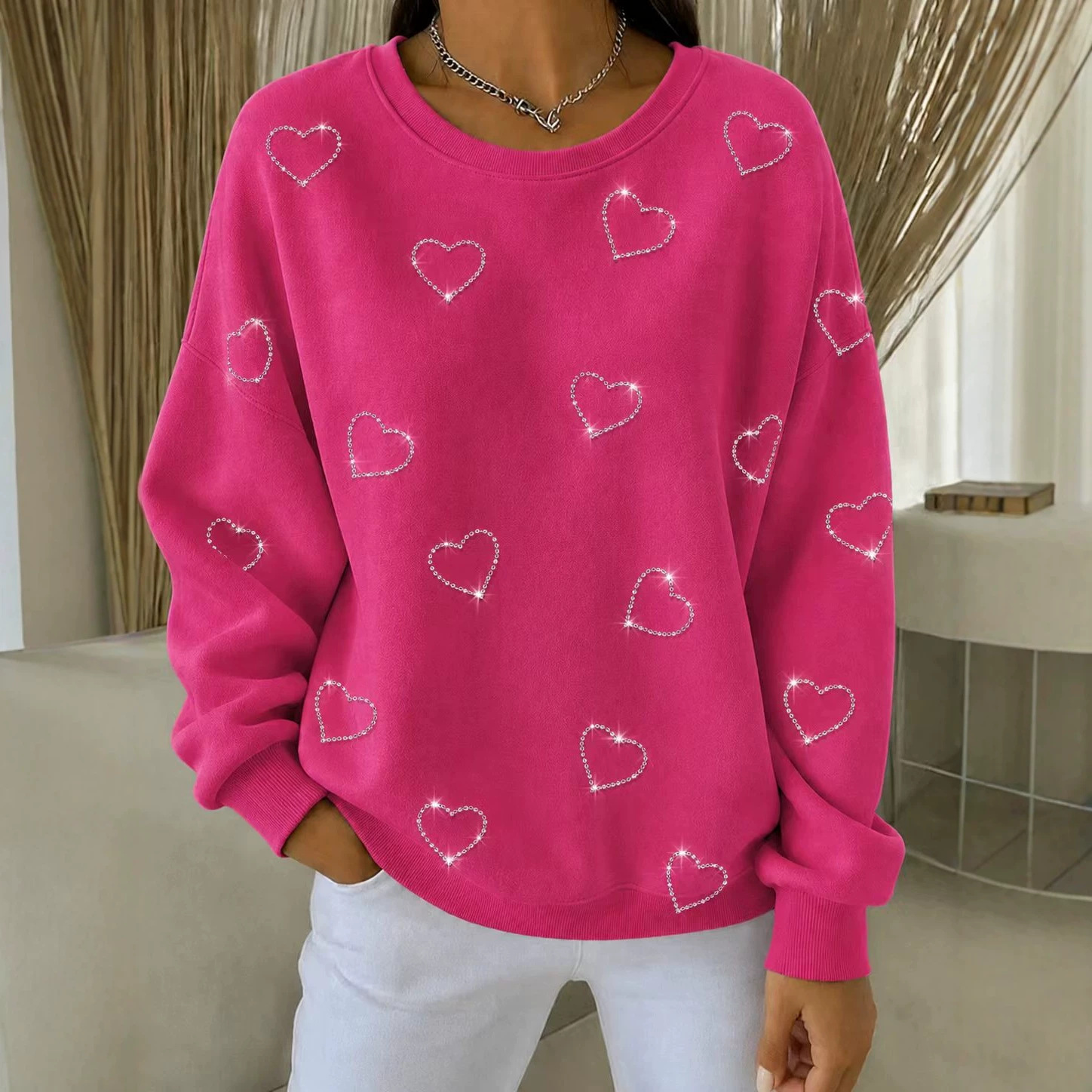 Elegant Heart Print Crewneck Long-Sleeve Pullover Sweatshirt