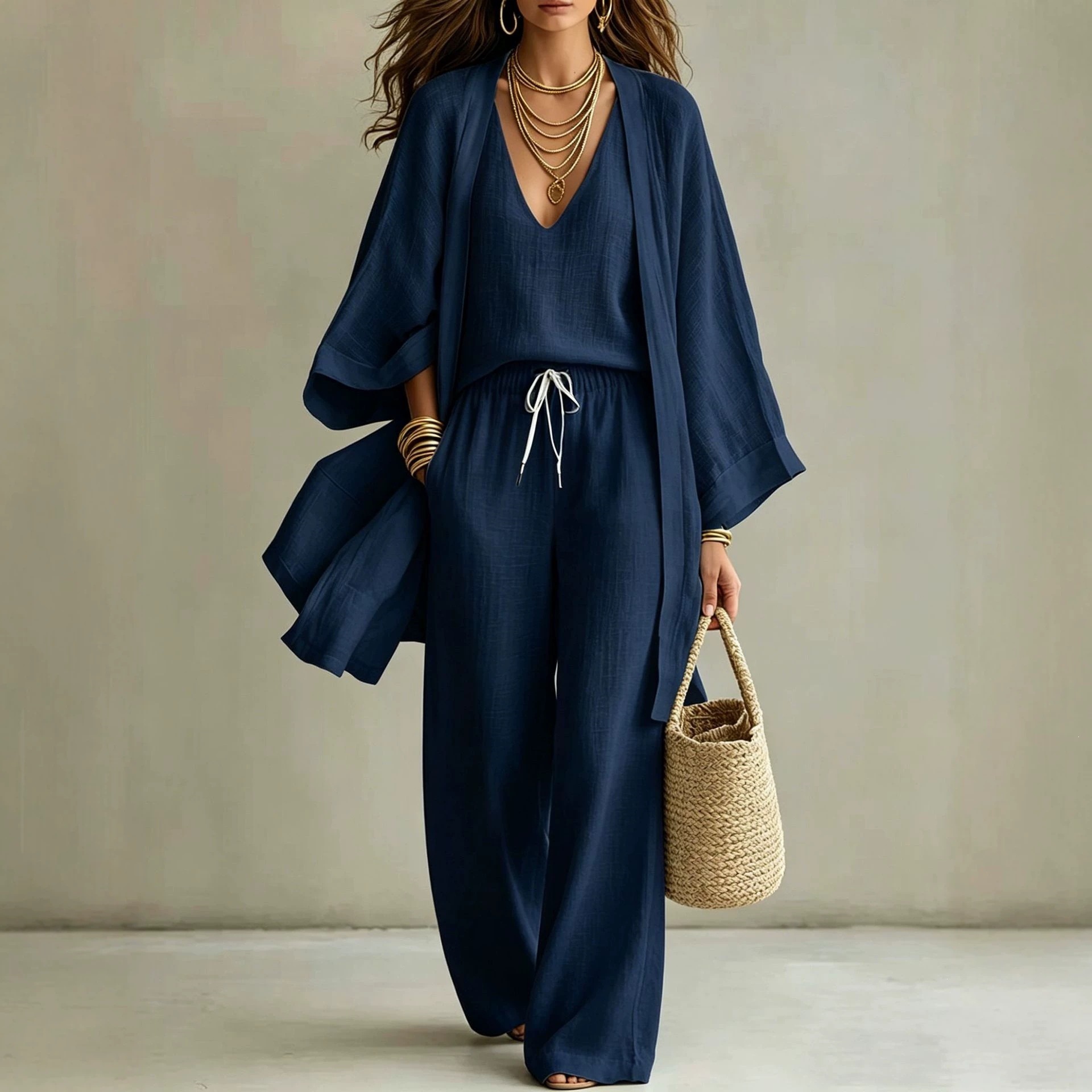 Women's 3-Piece Open-Front Cardigan, Sleeveless Tank & Pants Set
