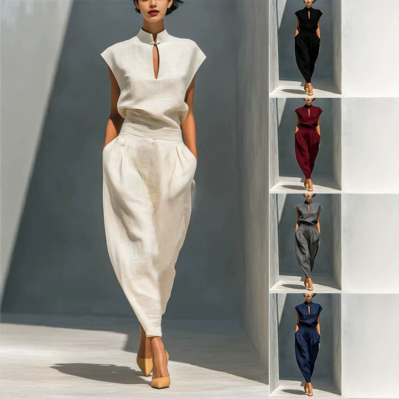 Elegant Women's Stand-Collar Cutout Top and High-Waist Barrel Pants Set