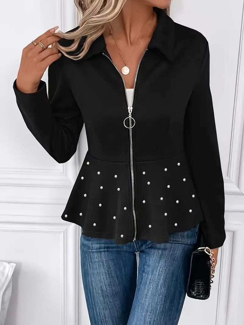 Riveted Lapel Short Blazer with Rhinestone Hem and Zip Waist