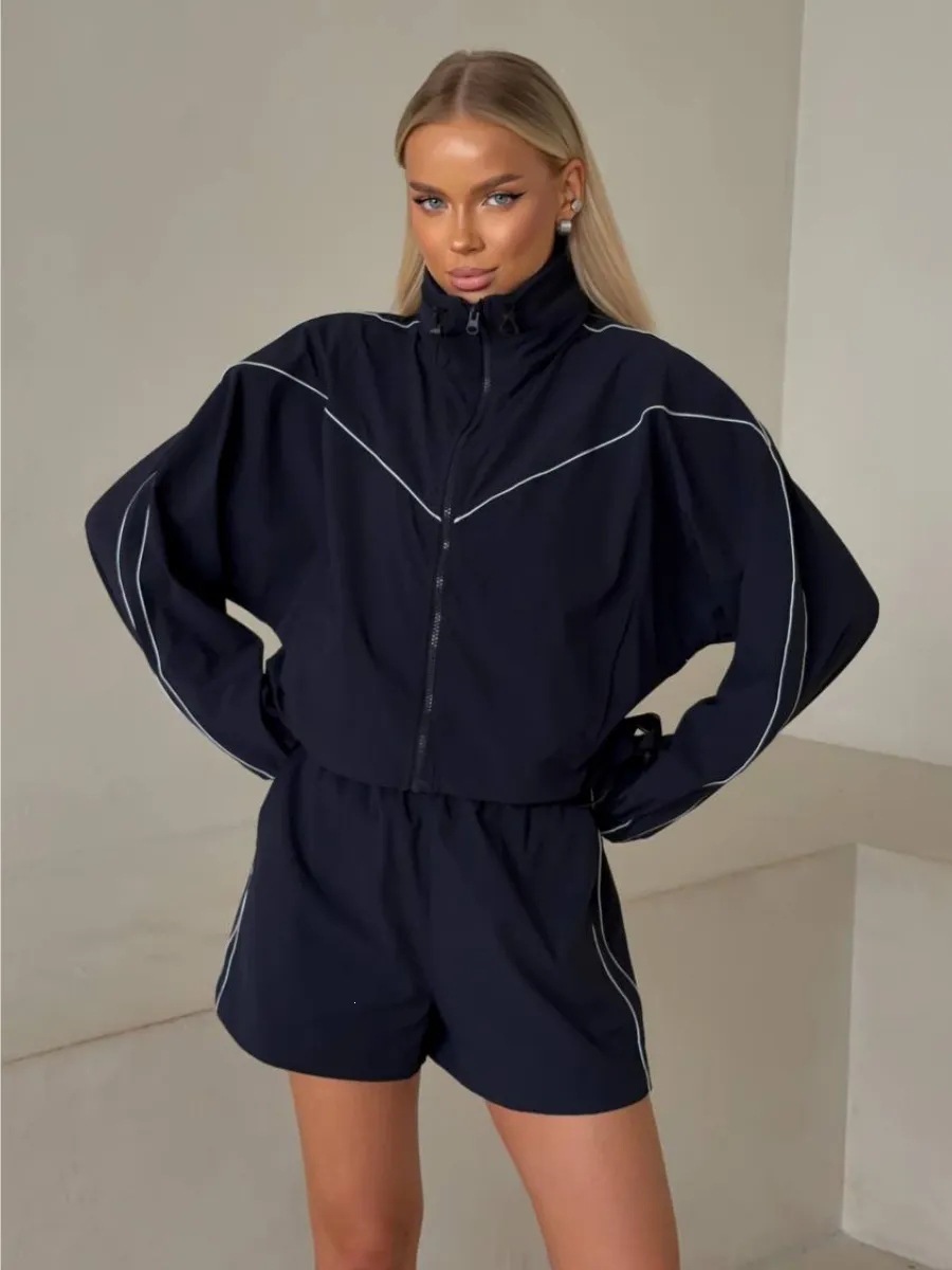 Women's Solid Color Zip-Up Cardigan and Elastic Shorts Two-Piece Set