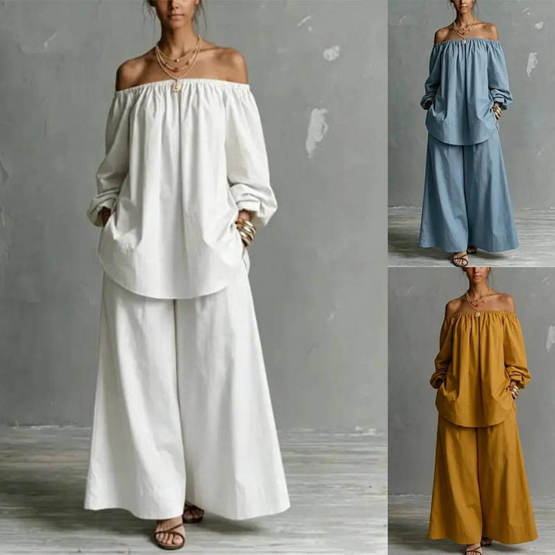 Women's Off-Shoulder Long-Sleeve Top and Wide-Leg Pants Set