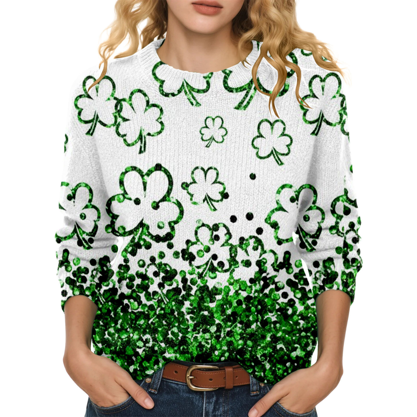 Lucky Clover Print Crewneck Sweatshirt for Women Casual Pullover
