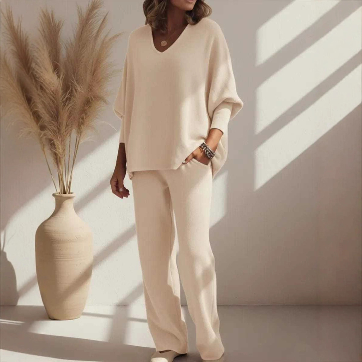 V-Neck Long Sleeve Knit Top and Pants Lounge Set for Women