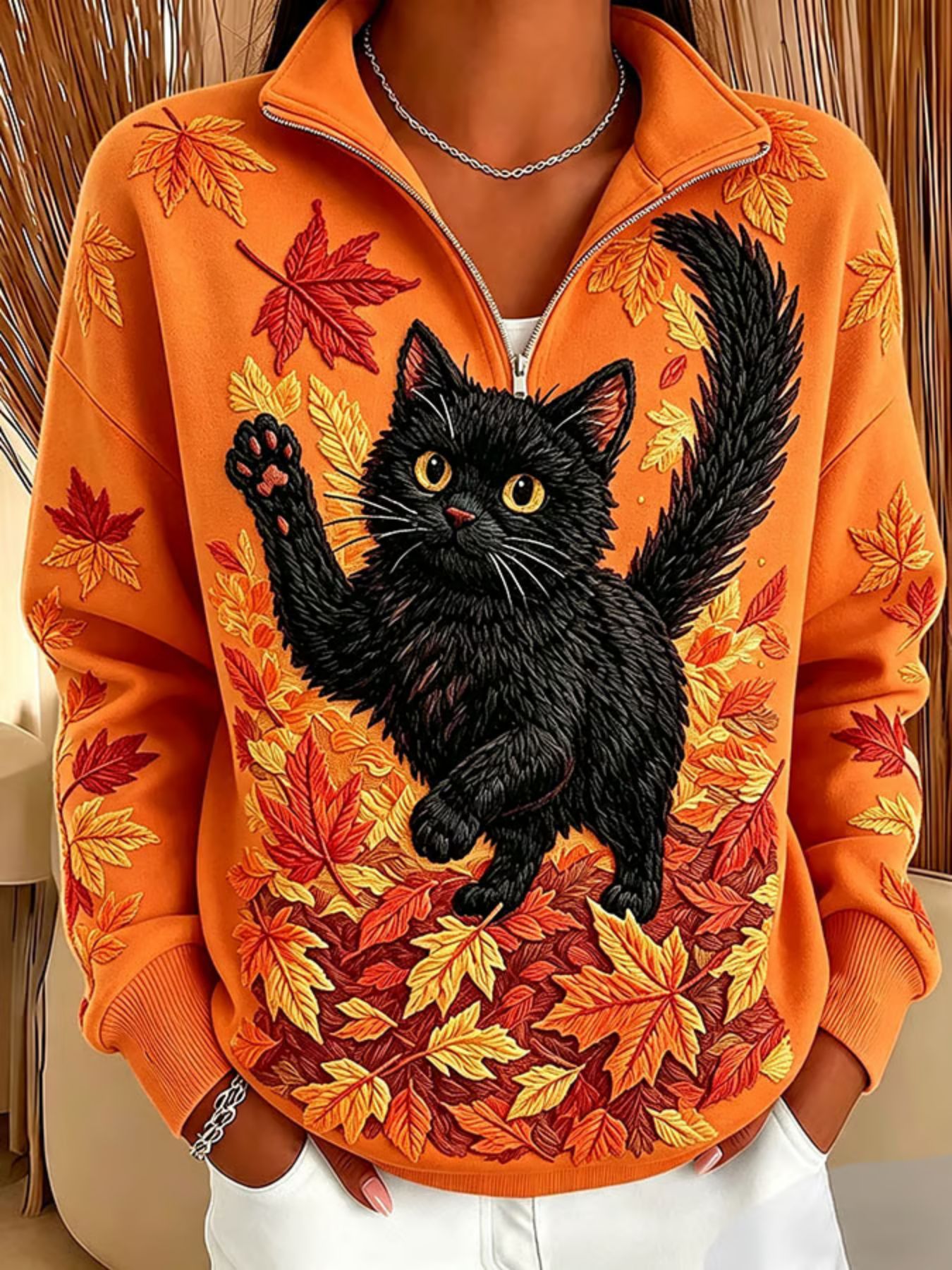 Cat & Maple Leaf Print Half-Zip Hoodie for Women