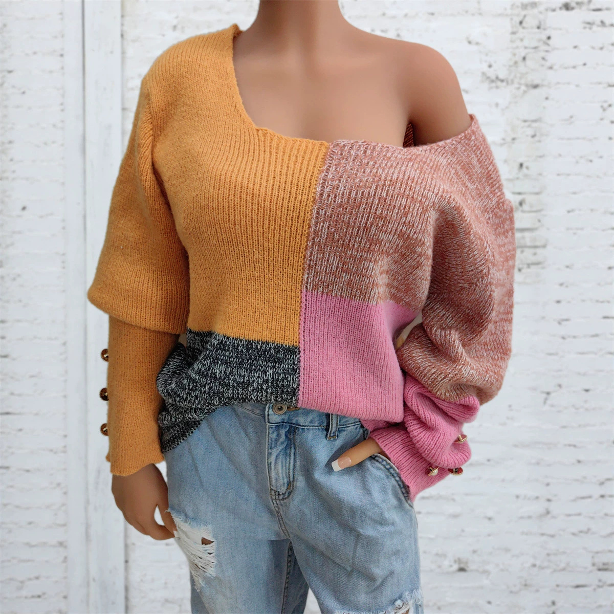 Color Block Patchwork Loose Knit Sweater with U-Neck and Button Sleeves