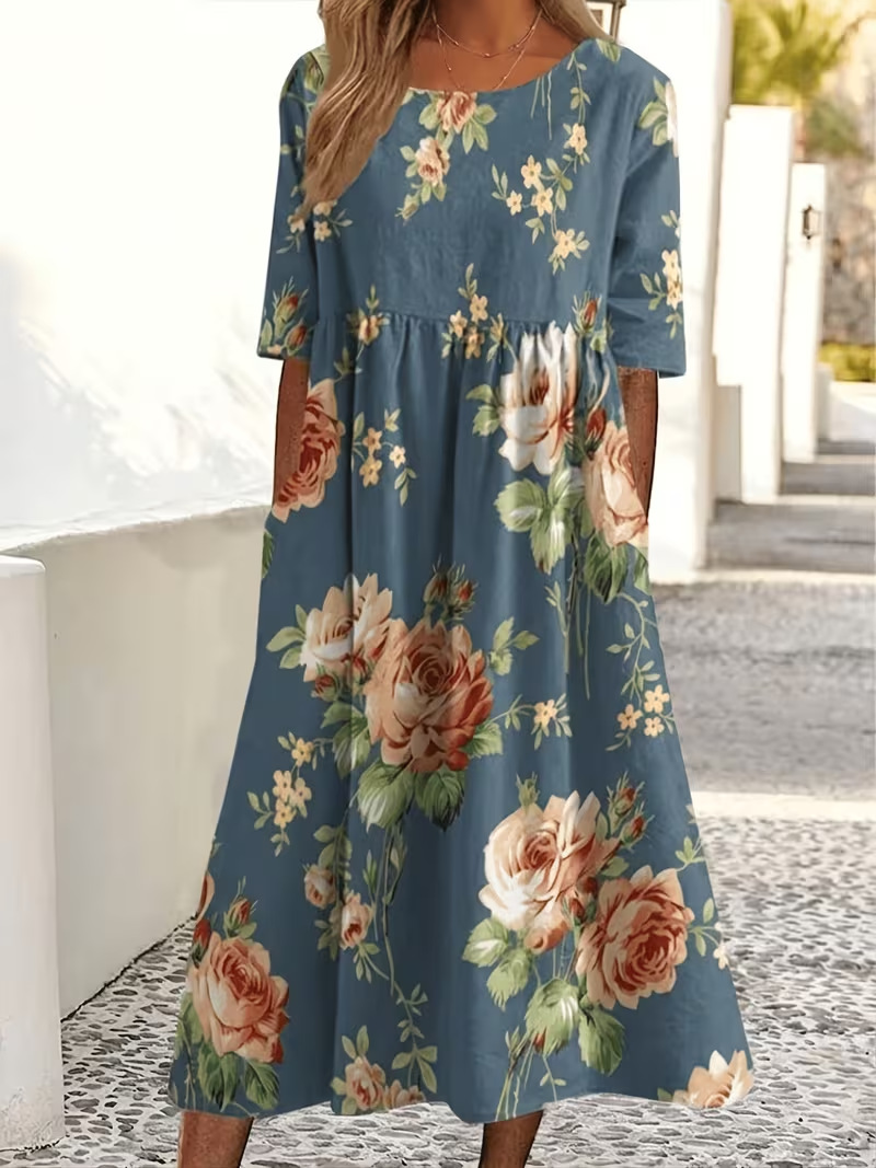 Women's Floral Print Ruched Midi Dress Casual Vacation Pullover