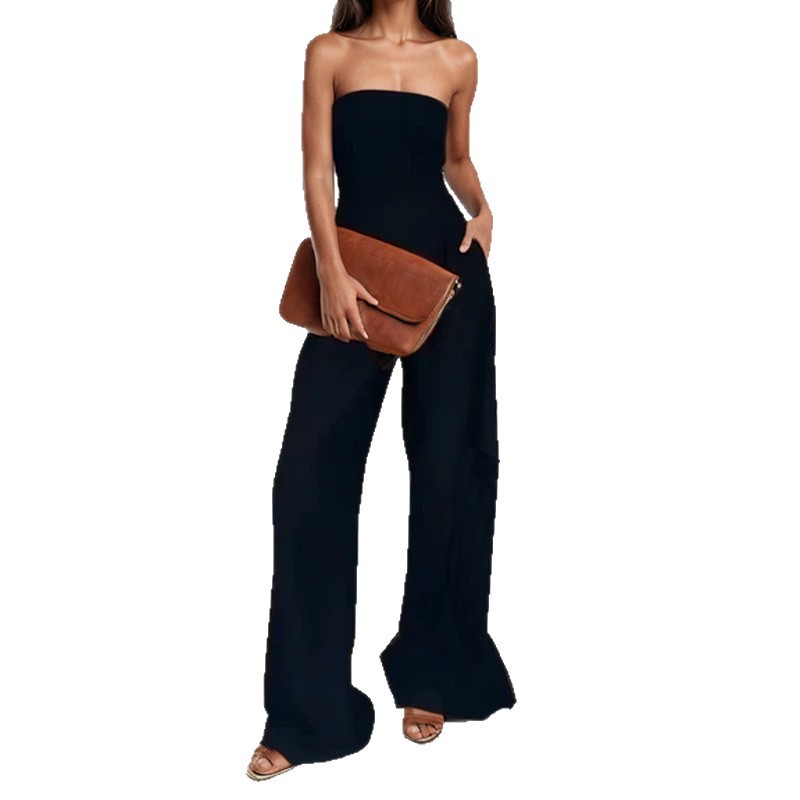 Women's Summer Strapless Wide-Leg Jumpsuit Solid Color