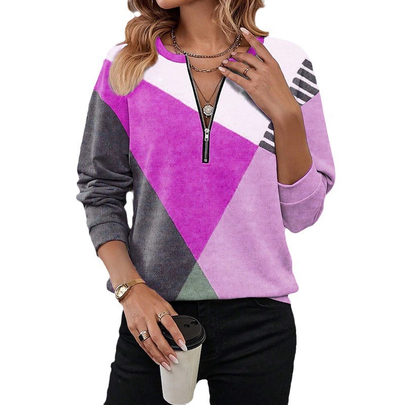 Color-Block Loose Zip-Up Long-Sleeve V-Neck Sweatshirt