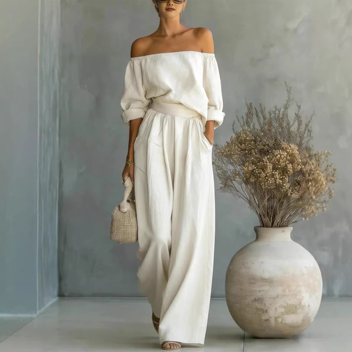 Off-Shoulder Wide-Leg Two-Piece Pants Set